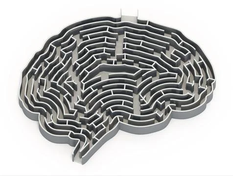 Brain shaped maze isolated on white background. 3D illustration Illustrazione stock