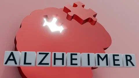 A brain-shaped puzzle with a missing piece and the word ALZHEIMER on cubes. Stock Illustration
