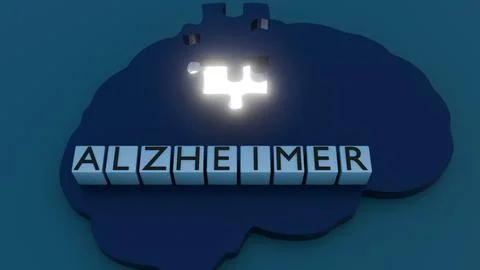 A brain-shaped puzzle with a missing piece and the word ALZHEIMER on cubes. Stock Illustration
