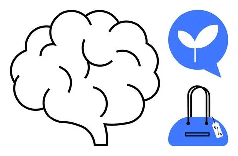 Brain with Shopping Bag and Leaf Communication Bubble Highlighting Creativi.. Stock Illustration