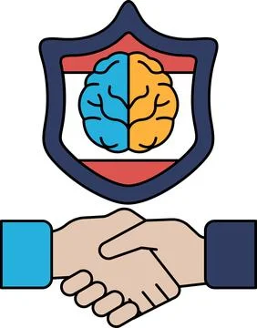 A brain is shown on a shield with a handshake symbol Stock Illustration
