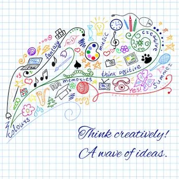 Brain sketchy doodles about creative thinking wave Stock Illustration