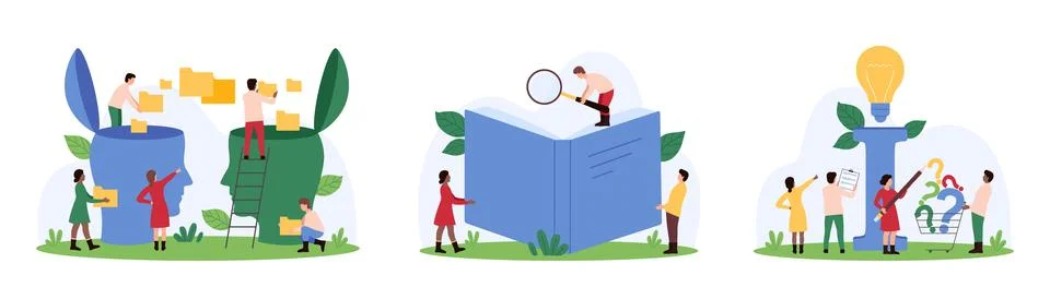 Brain skills development set, tiny people transfer information between two human Stock Illustration