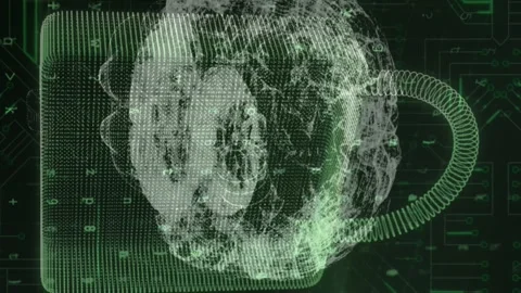 Brain spinning over security padlock icon against microprocessor connections on Vídeo Stock 313444866