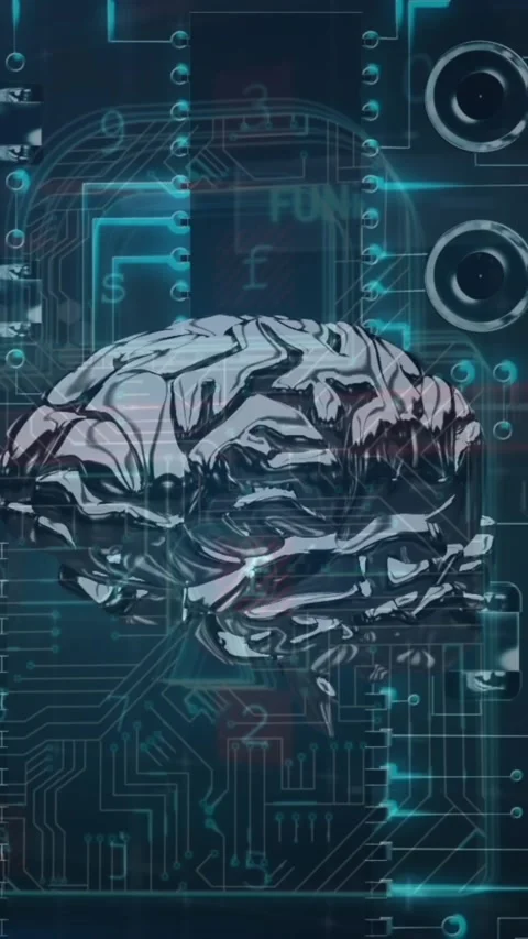 Brain spinning over security padlock icon against microprocessor connections on Vídeo Stock 323248309