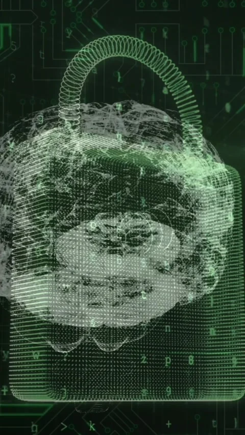 Brain spinning over security padlock icon against microprocessor connections on Stock Footage 323248315