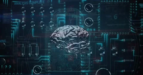 Brain spinning over security padlock icon against microprocessor connections on 스톡 동영상 327848346