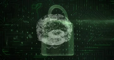 Brain spinning over security padlock icon against microprocessor connections on 스톡 동영상 329412671