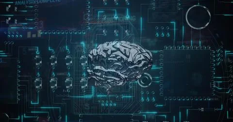 Brain spinning over security padlock icon against microprocessor connections on Stock Illustration