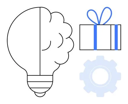 Brain-Style Light Bulb, Gift Box with Blue Ribbon and Settings Gear Outline.. Stock Illustration