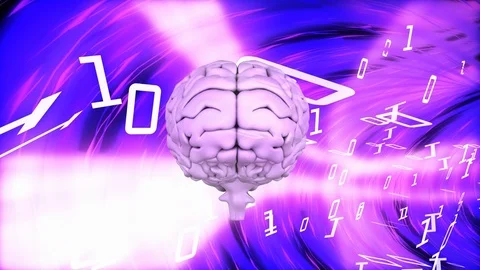 Brain surrounded by binary codes in moving color background Stock Footage 104955607