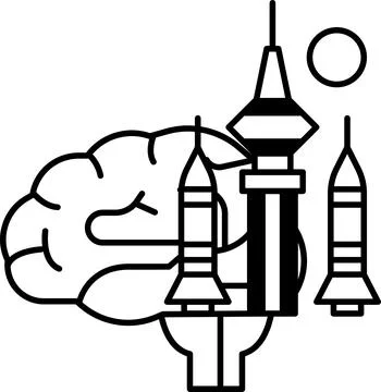 Brain is surrounded by rockets and a tall building Ilustración de archivo