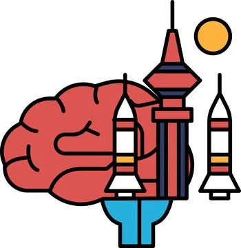 A brain is surrounded by rockets and a tall building Ilustración de archivo