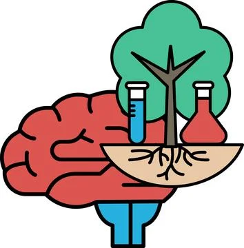 A brain is surrounded by a tree and a few test tubes 스톡 일러스트