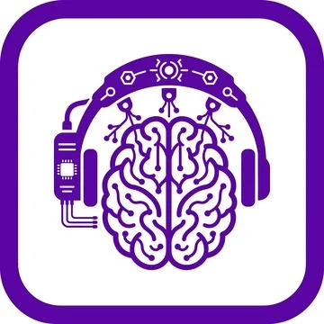 Brain technology icon, purple background, AI headphones, neural network symbo 스톡 일러스트