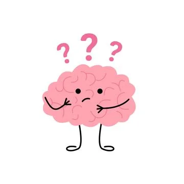 Brain think, doubt over question, cute child character. Confused brain, seek Stock Illustration
