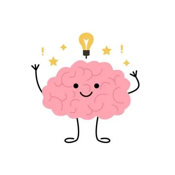 Brain think, light bulb as idea, cute child character. Happy brain learn and Stock Illustration