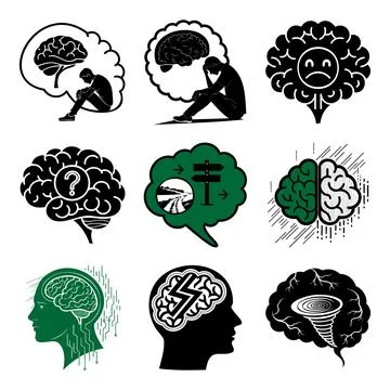 Brain with thought bubbles and human heads in black and green msea set ment.. Stock Illustration