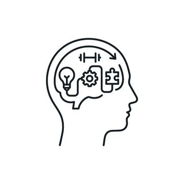 Brain training and cognitive therapy line icon with dumbbell puzzle and gea.. Illustrazione stock