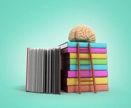 Brain training concept lies on a pile of books and a wooden staircase next to Illustrazione stock