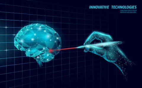 Brain treatment low poly 3D render. Medicine cognitive laser rehabilitation in Stock Illustration