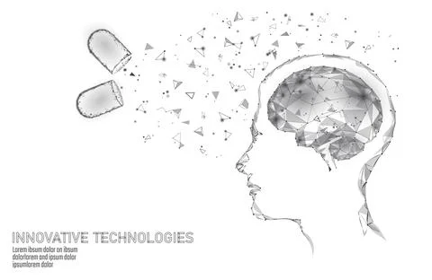 Brain treatment low poly 3D render. Drug nootropic human ability stimulant Illustrazione stock