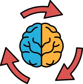 A brain with two different colored halves and arrows pointing to the left Illustrazione stock