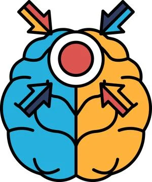 A brain with two different colored halves and arrows pointing to the center Illustrazione stock