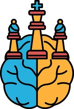 A brain with two halves and three chess pieces on top Illustrazione stock