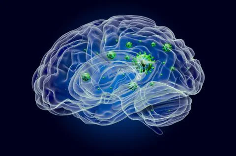 Brain with virus, ghost light effect, x-ray hologram. 3D rendering Illustrazione stock