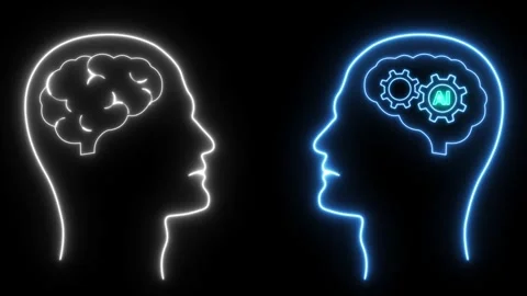 Brain vs artificial intelligence neon animated head human brain vs brain he.. Stock Footage 274297575
