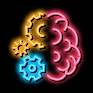 Brain work mechanical gears neon glow icon illustration Stock Illustration
