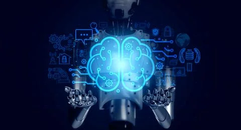 Brain working of Artificial Intelligence (AI) with 3d rendering robot showi.. Foto stock