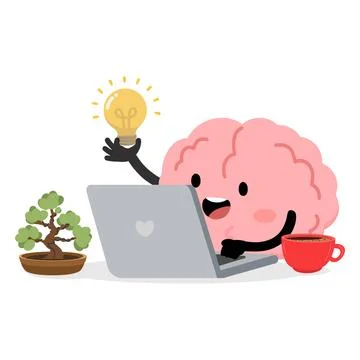 Brain Working On Laptop With Lightbulb Idea Illustrazione stock