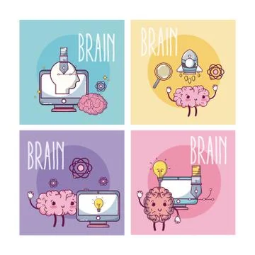 Brains cartoons in square frames Stock Illustration