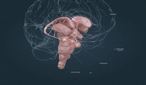 The brainstem is the posterior stalk-like part of the brain that connects the Stock Illustration