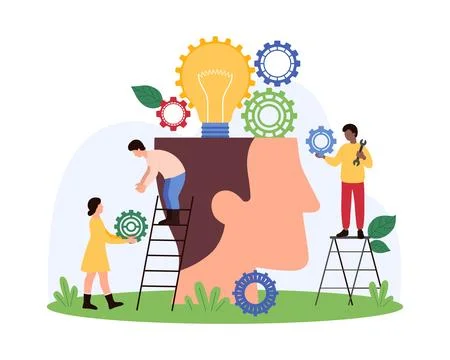 Brainstorm and creative thinking process, tiny people work with gears inside Illustrazione stock