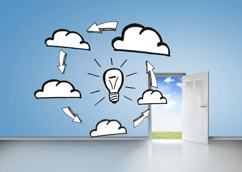 Brainstorm on blue wall with open door Stock Photos