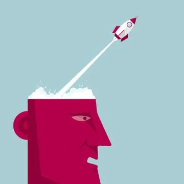 Brainstorm concept, rocket launch from human brain,head is red. Stock Illustration