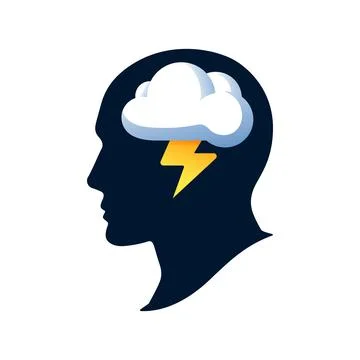 Brainstorm concept. Silhouette of a head with a cloud and lightning Stock Illustration