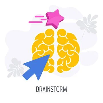 Brainstorm icons. cursor arrow points to a yellow brain icon. Stock Illustration