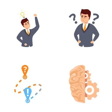 Brainstorm icons set cartoon vector. Businessman thinking and solving problem Stock Illustration