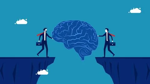 Brainstorm ideas to overcome obstacles. Two businessmen build a brain bridge  Stock Illustration