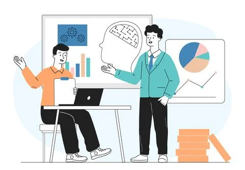 Brainstorm in office. Men with graphs and charts. Colleagues and partners Stock Illustration