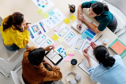 Brainstorm planing creative asian teamwork,  Group of asia mobile phone app d Stock Photos