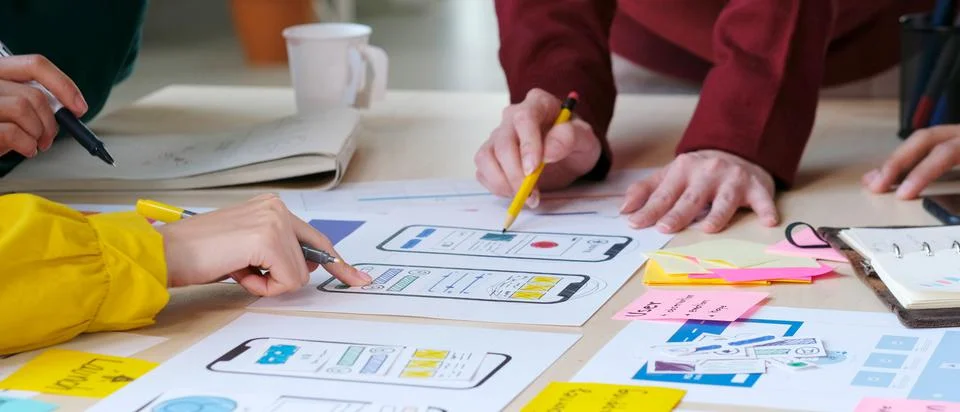 Brainstorm planing creative teamwork,  Close up of hands mobile phone app dev Stock Photos