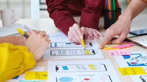 Brainstorm planing creative teamwork,  Close up of hands mobile phone app dev Stock Photos