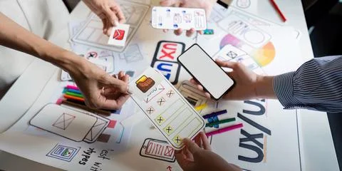 Brainstorm planning creative asian teamwork, Group of mobile phone app developer Foto stock