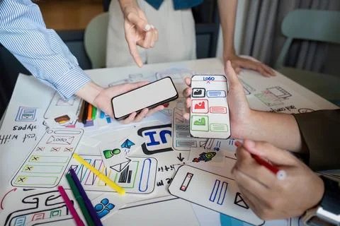 Brainstorm planning creative asian teamwork, Group of mobile phone app developer Stock Photos