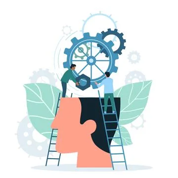 Brainstorm, project developement in workers brain, tiny people work with gears Illustrazione stock